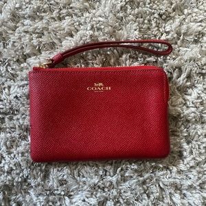 Red Corner Zip Coach Leather Wristlet